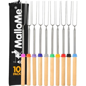 MalloMe Smores Sticks for Fire Pit – Accessories for Campfire Marshmallow Roasting Sticks Smores Kit Outdoor – Smore Skewers Hot Dog Fork For Outside, Camping Essentials Bonfire Gear Long 32″ 8 Pack(10 Fork Set w/ Storage Bag)