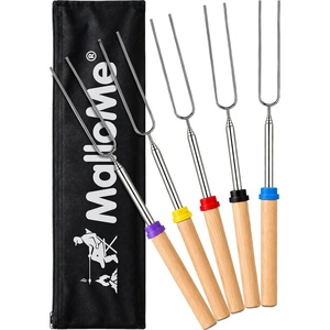 MalloMe Smores Sticks for Fire Pit – Accessories for Campfire Marshmallow Roasting Sticks Smores Kit Outdoor – Smore Skewers Hot Dog Fork For Outside, Camping Essentials Bonfire Gear Long 32″ 8 Pack(5 Fork Set (with Pouch))